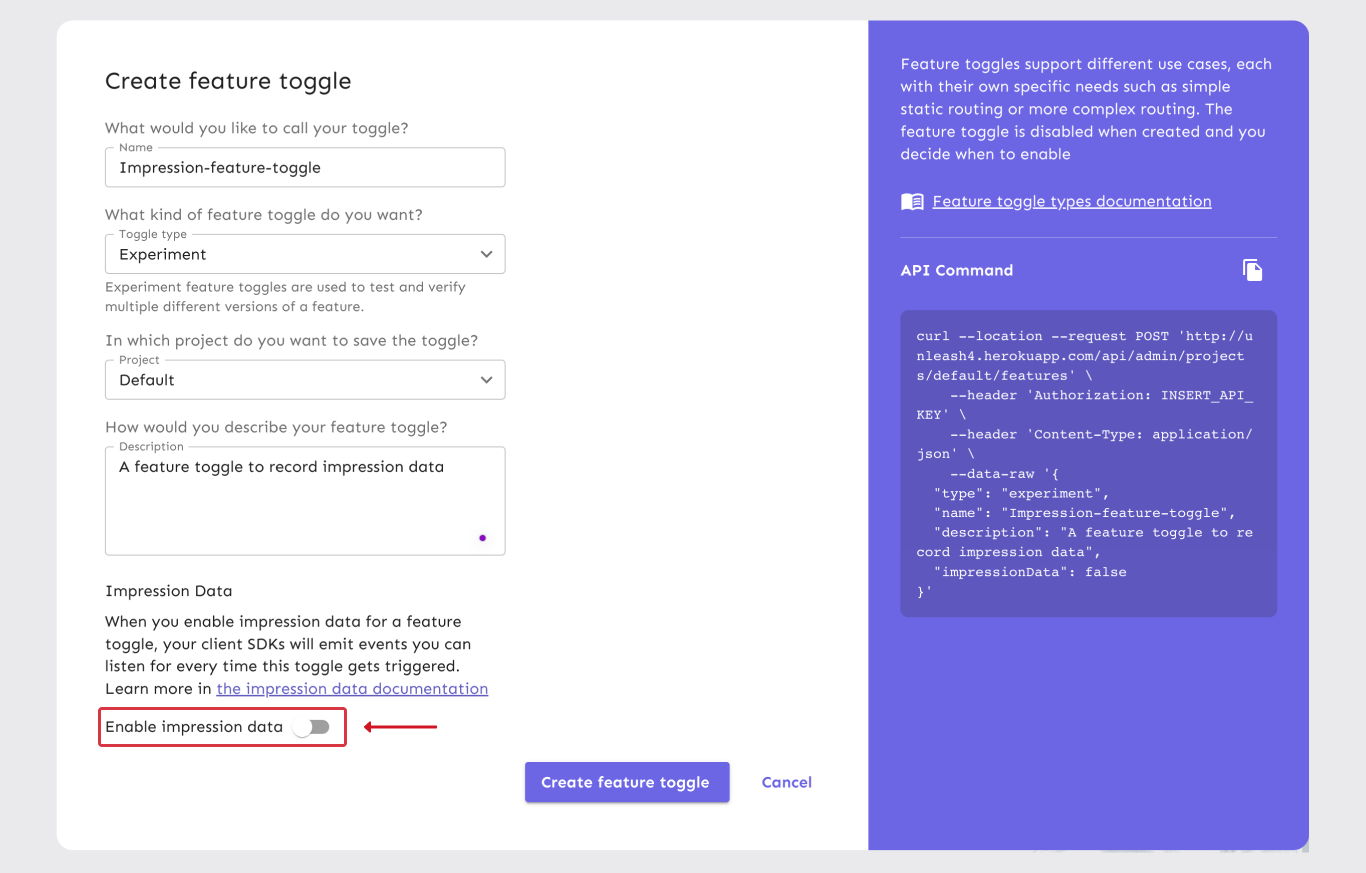 A feature flag creation form. At the end of the form is a heading that says "Impression data", a short paragraph that describes the feature, and a flag to opt in or out of it.