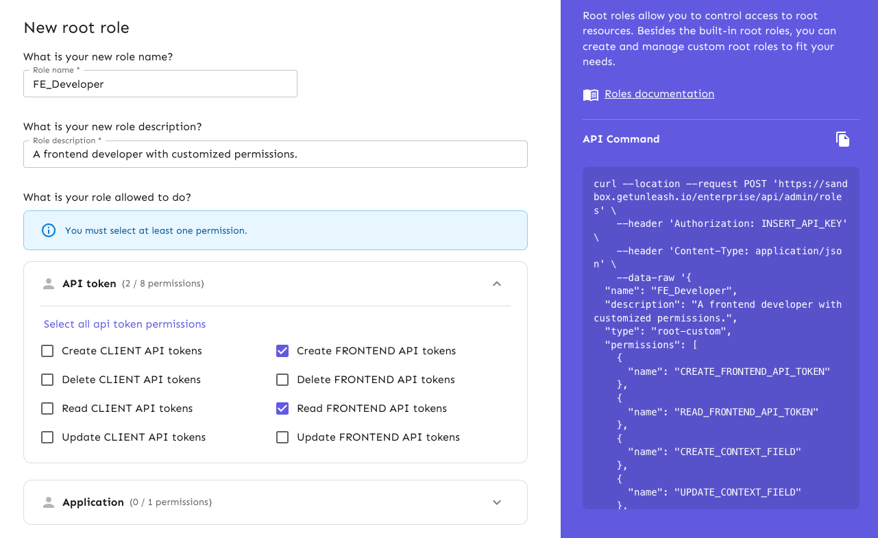 In the "New root role" form, name your role, add a description, and select permissions in each dropdown section in the form.