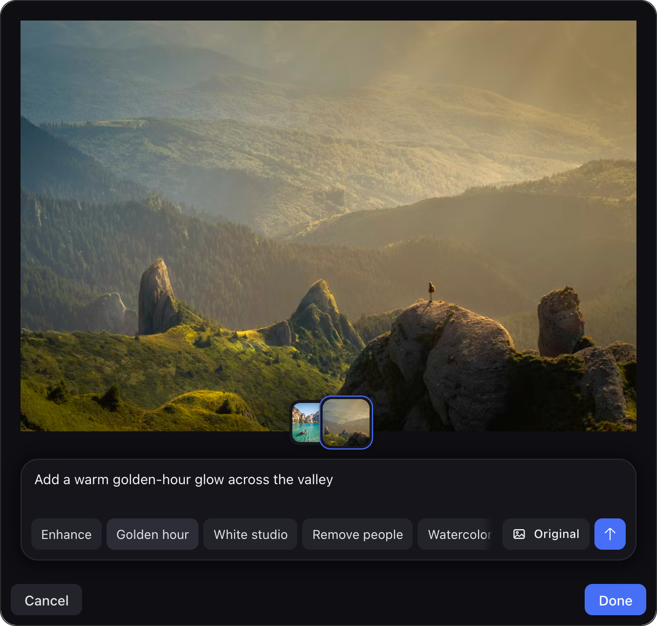 AI Image Editor editor in dark mode showing a generated golden-hour landscape, session history, and one-click effect presets