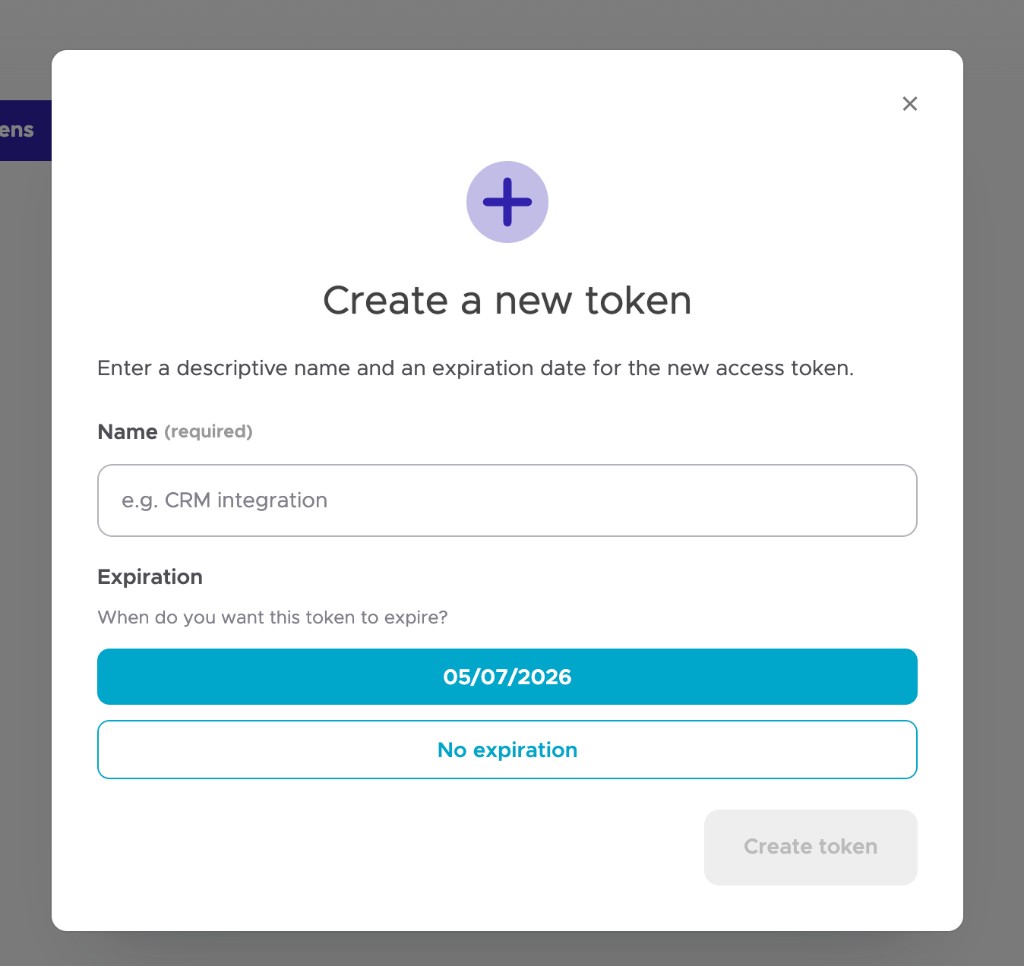 Modal per creare un nuovo Access Token con campo nome e scadenza