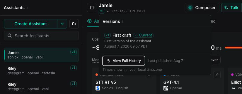 Jamie assistant with the Versions menu open and version v1 named First draft marked Current