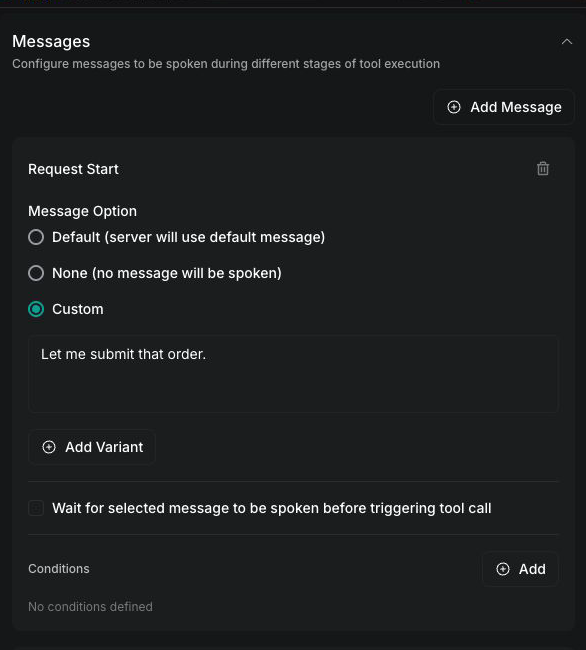 Vapi Dashboard Request Start message set to Let me submit that order