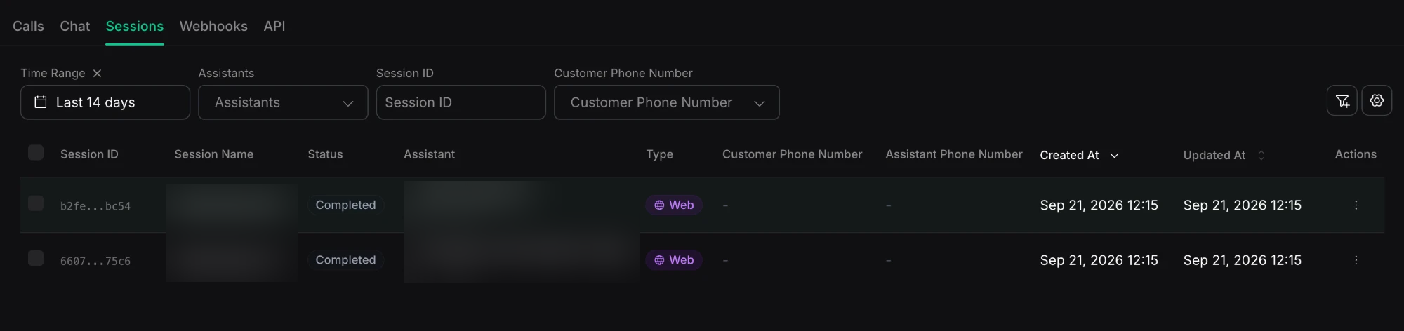 The Sessions tab listing recent sessions with status, assistant, type, and timestamps