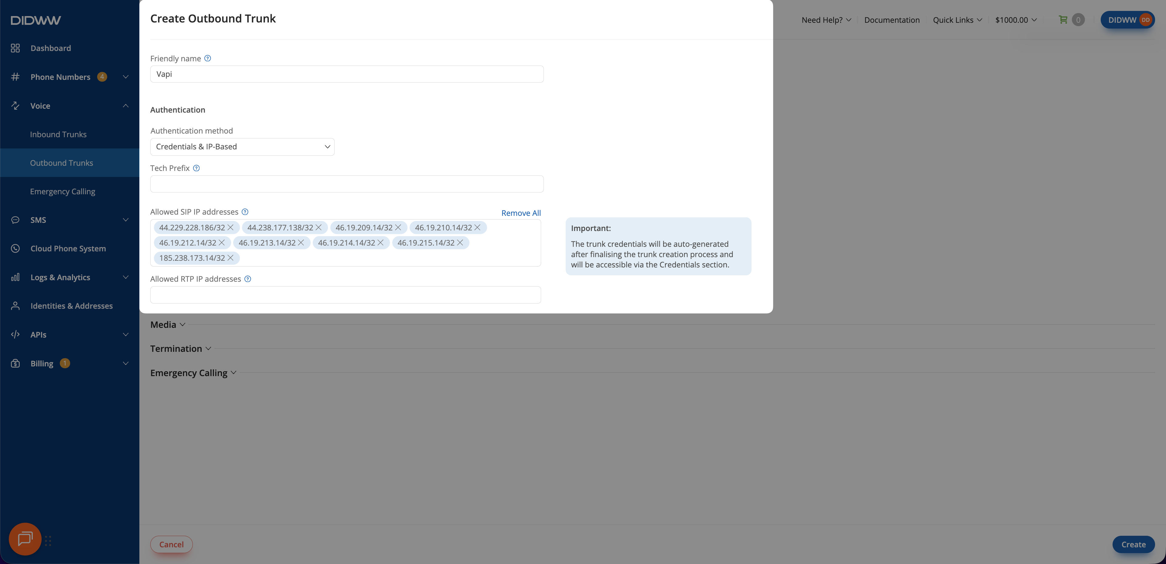 DIDWW outbound trunk Allowed SIP IP addresses list containing the Vapi and DIDWW signaling addresses