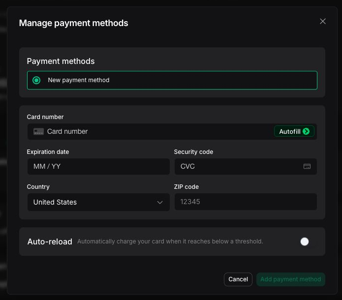 Manage payment methods dialog with card details and auto-reload controls