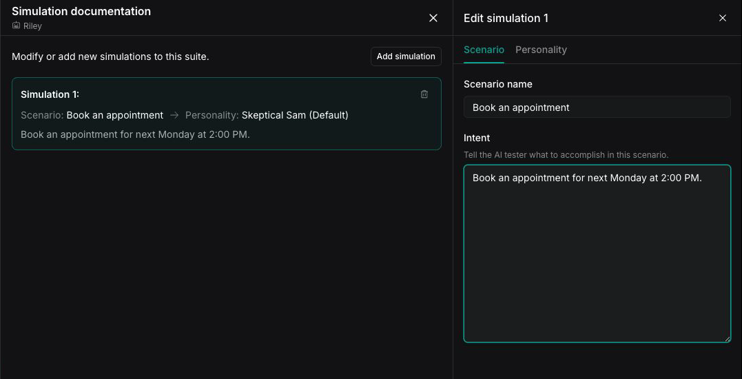 Scenario tab with the Book an appointment scenario name and appointment-booking intent