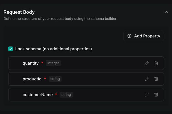 Vapi Dashboard Request Body with customerName, productId, and quantity as required properties