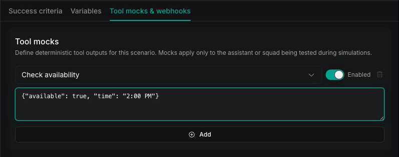 Tool mocks section with a tool, mock result, and Enabled setting configured