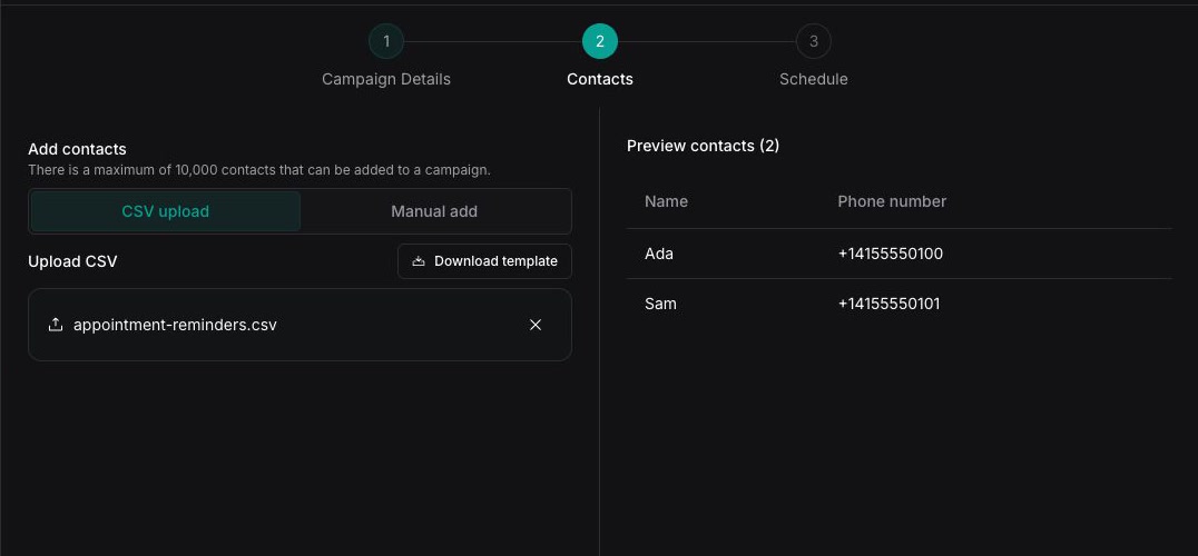Contacts step showing an uploaded appointment reminders CSV and a preview of two contacts
