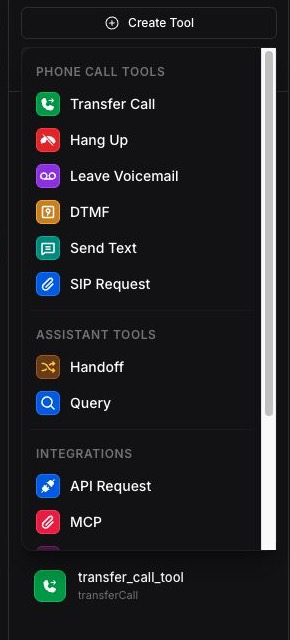 Vapi Dashboard Create Tool menu with Transfer Call under Phone Call Tools