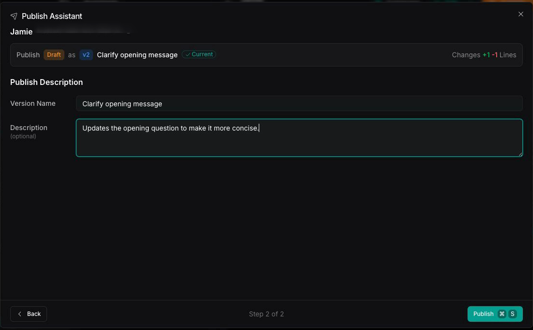 Publish Assistant dialog with Clarify opening message entered as the version name and a description of the update