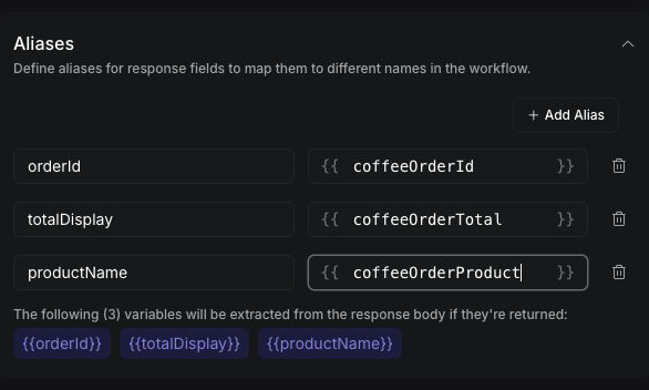 Vapi Dashboard Aliases mapping orderId, totalDisplay, and productName to coffee-order variable names
