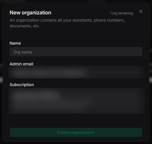 New organization dialog with name, admin email, and subscription fields