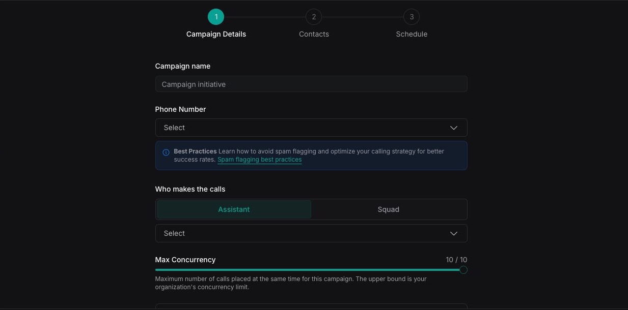 Campaign Details step with fields for the campaign name, phone number, caller, and max concurrency