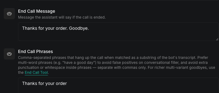 Vapi Dashboard End Call Message and End Call Phrases configured for the coffee-order assistant