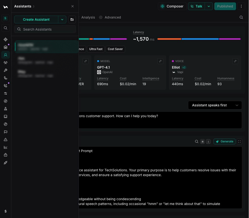Assistant editor with First Message and System Prompt fields visible and the other assistant names blurred