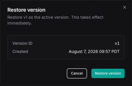 Restore version confirmation explaining that restoring v1 as the active version takes effect immediately