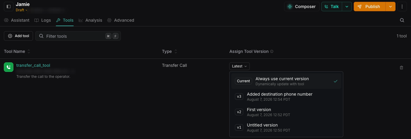 Jamie assistant Tools tab with the Assign Tool Version menu open for a transfer call tool