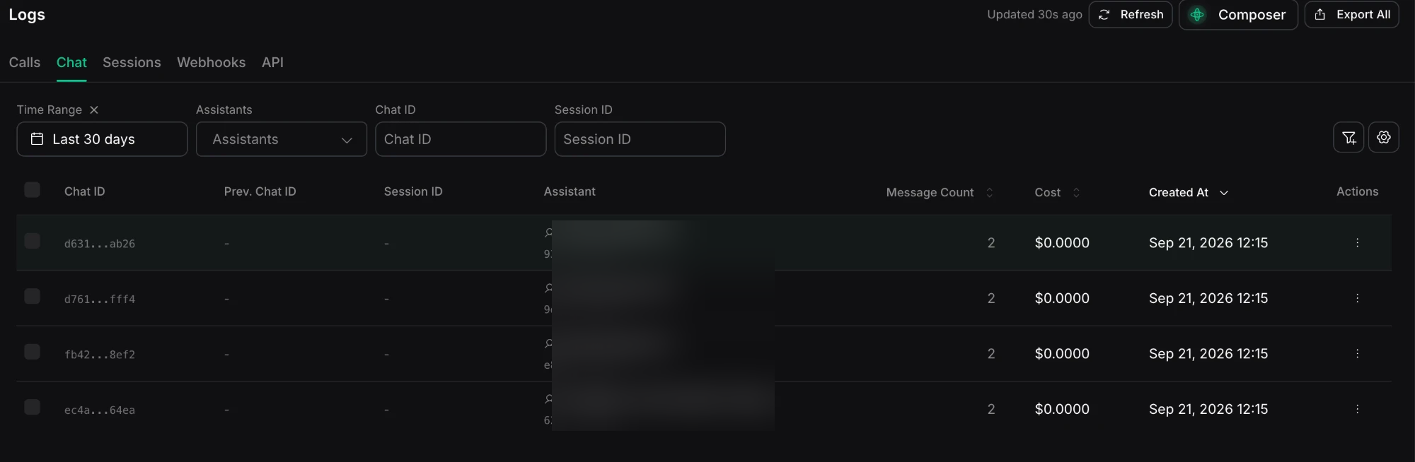 The Chat tab with Last 30 days selected, listing recent chats with chat ID, session ID, assistant, message count, and cost columns
