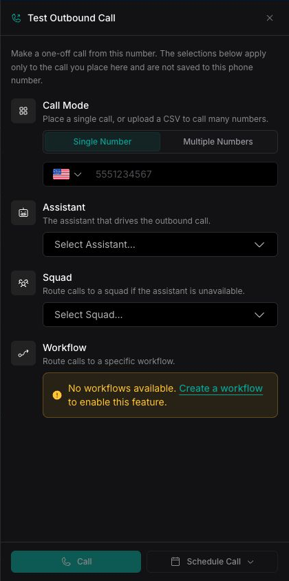 Test Outbound Call panel with Single Number, destination number, and assistant controls