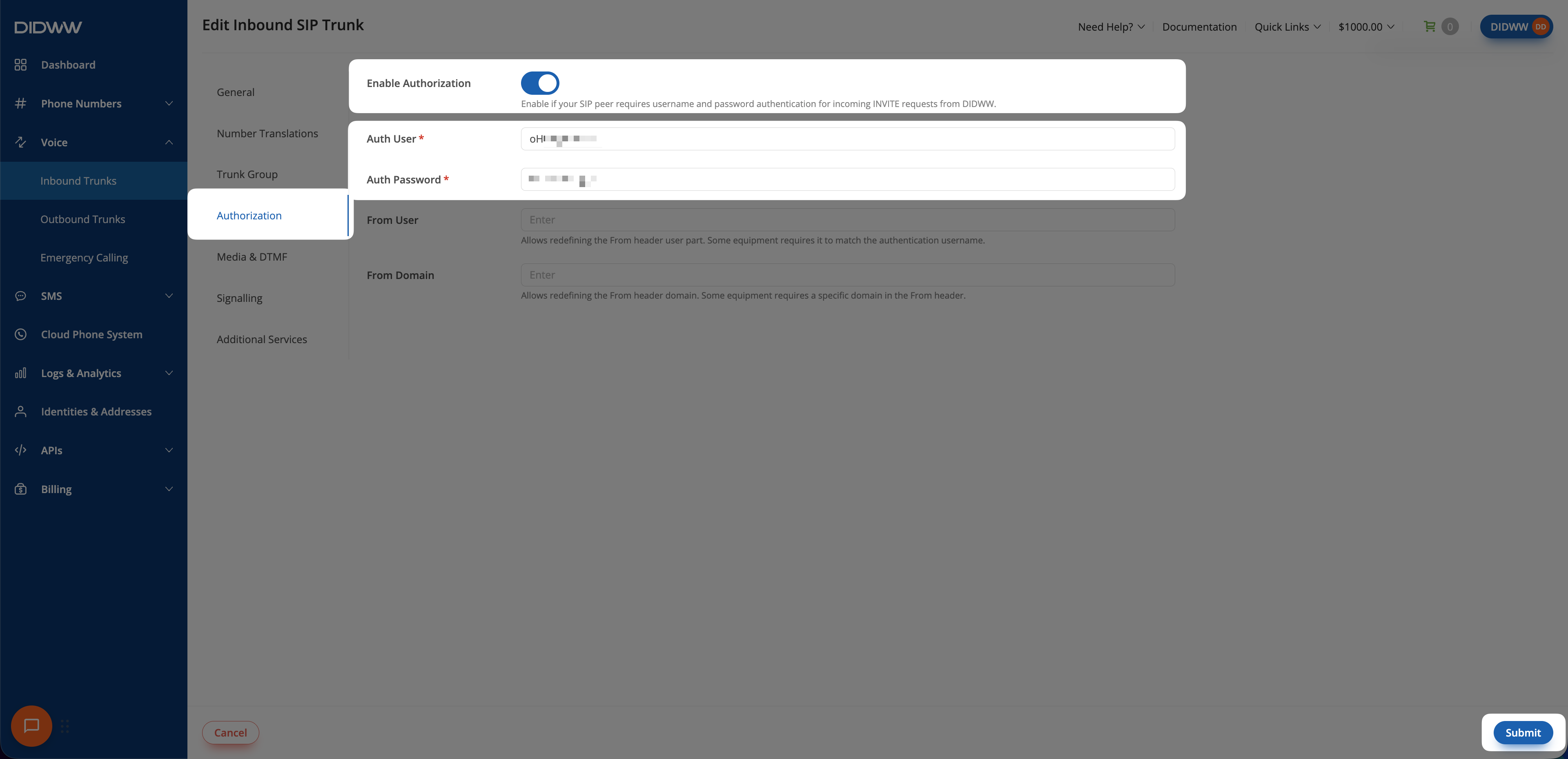 DIDWW inbound trunk Authorization tab with Enable Authorization turned on and the Auth User and Auth Password fields filled