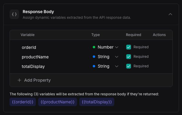 Vapi Dashboard Response Body extracting orderId, productName, and totalDisplay