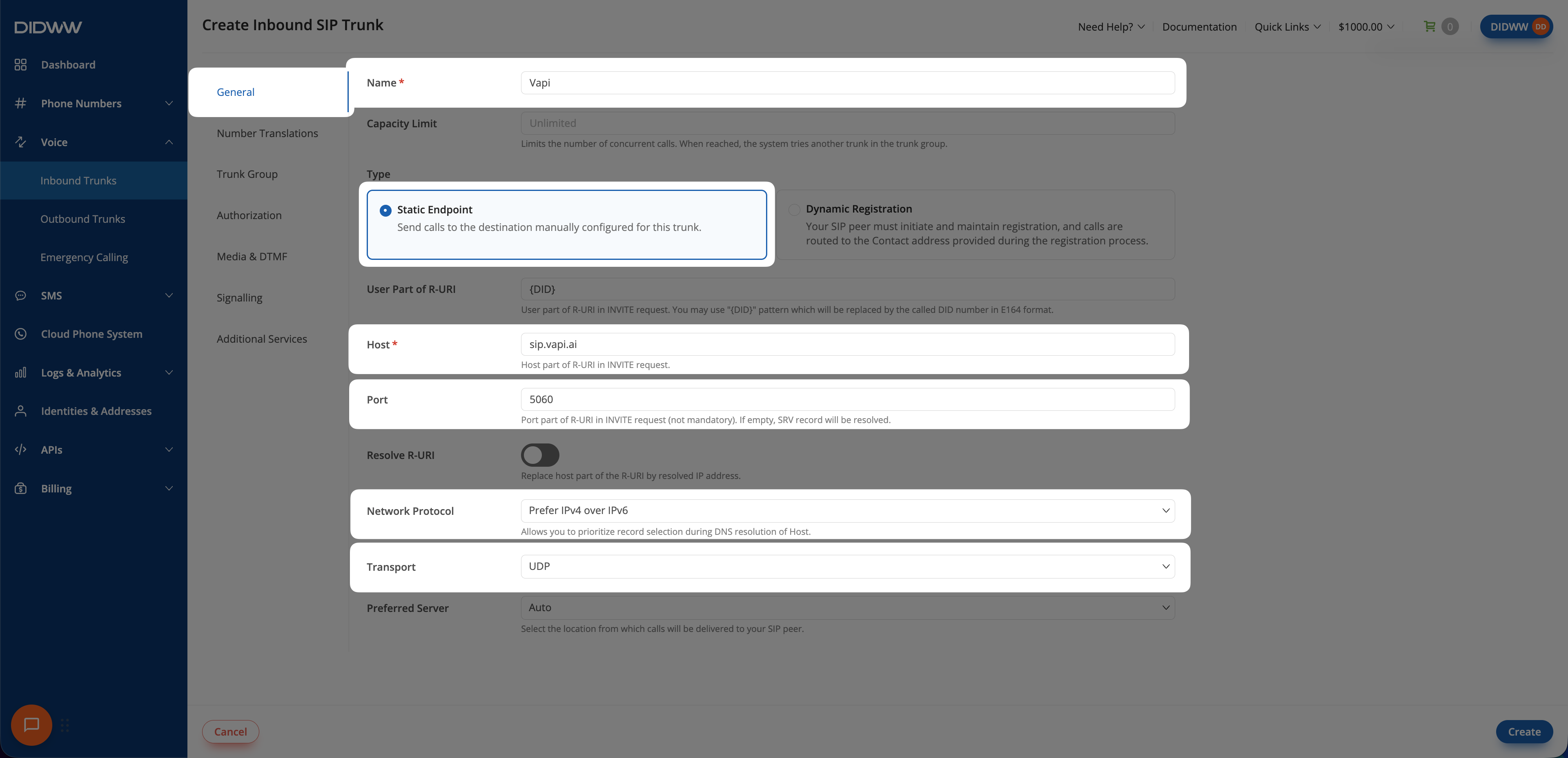 DIDWW inbound SIP trunk General tab with host, endpoint type, transport, and port fields configured for Vapi