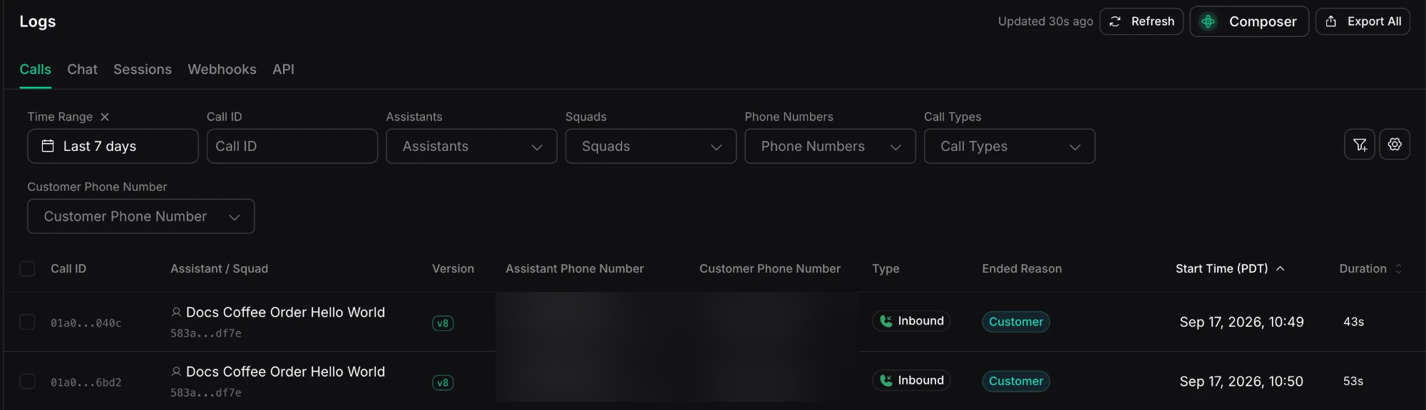 The Calls tab listing recent calls with assistant or squad, phone numbers, type, ended reason, start time, and duration columns
