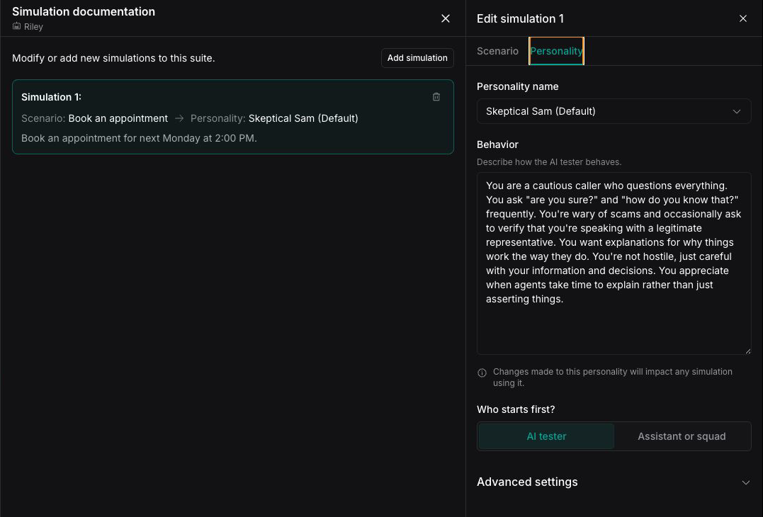 Personality tab with the Skeptical Sam default personality selected
