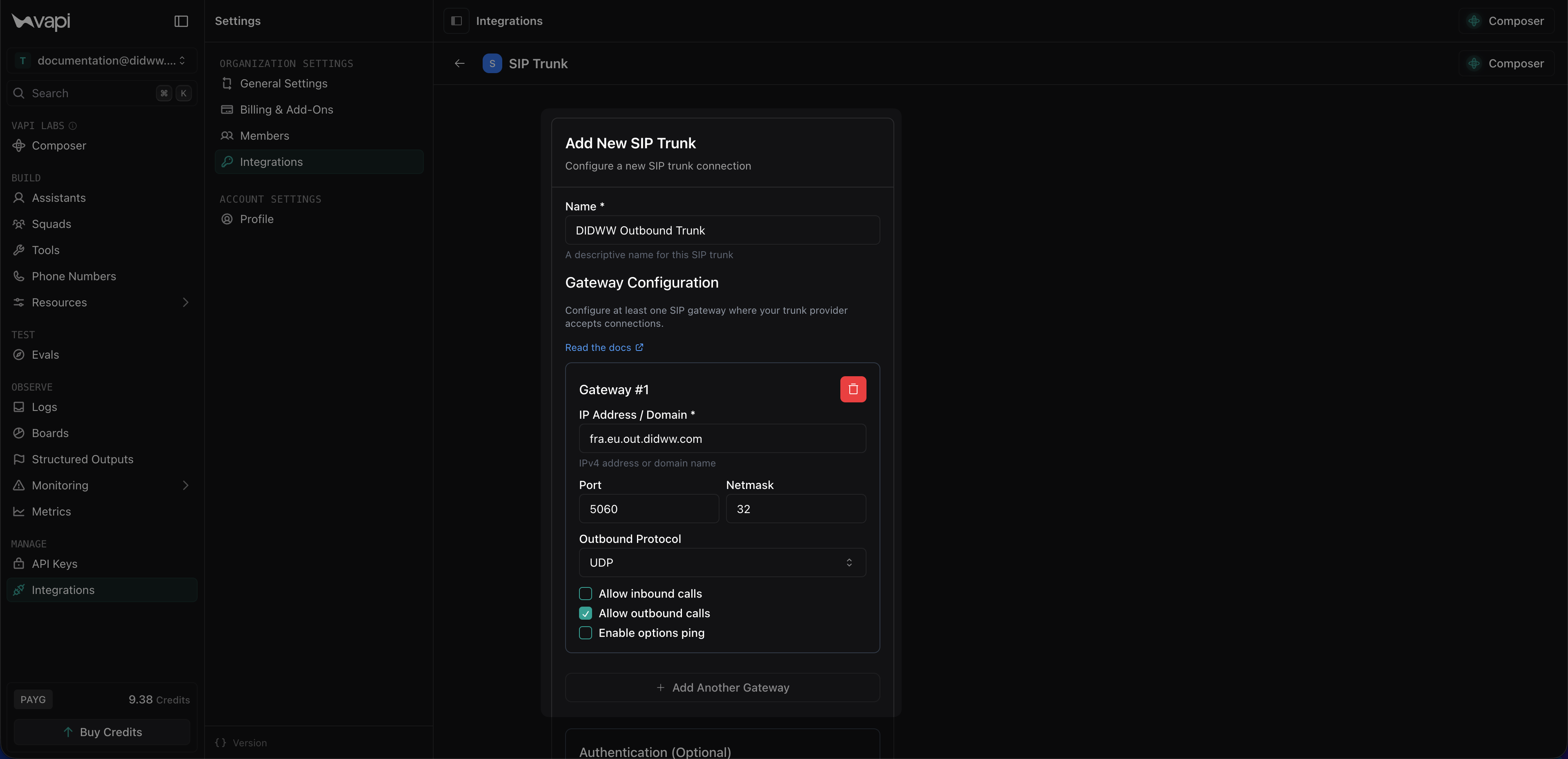Vapi SIP trunk configuration with the DIDWW outbound endpoint, transport, port, and outbound calls enabled