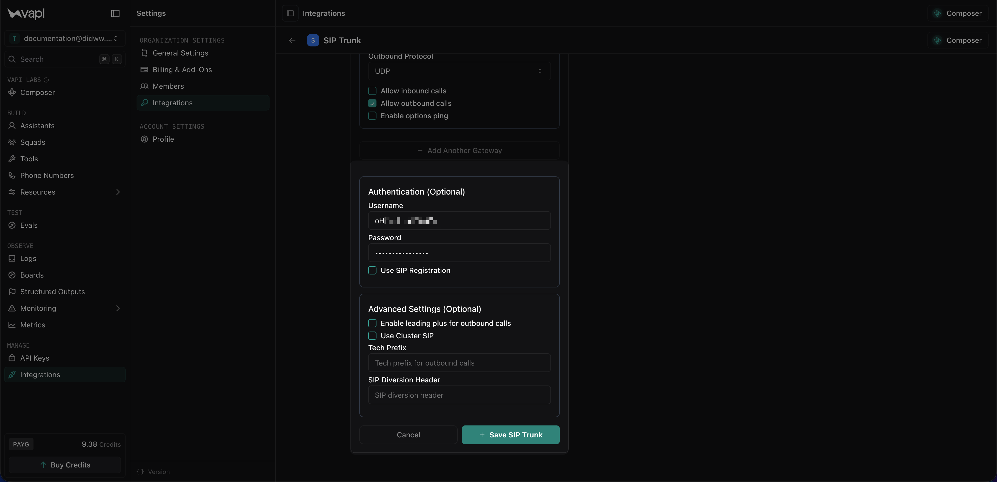Vapi SIP trunk Authentication section with the DIDWW outbound username and password entered