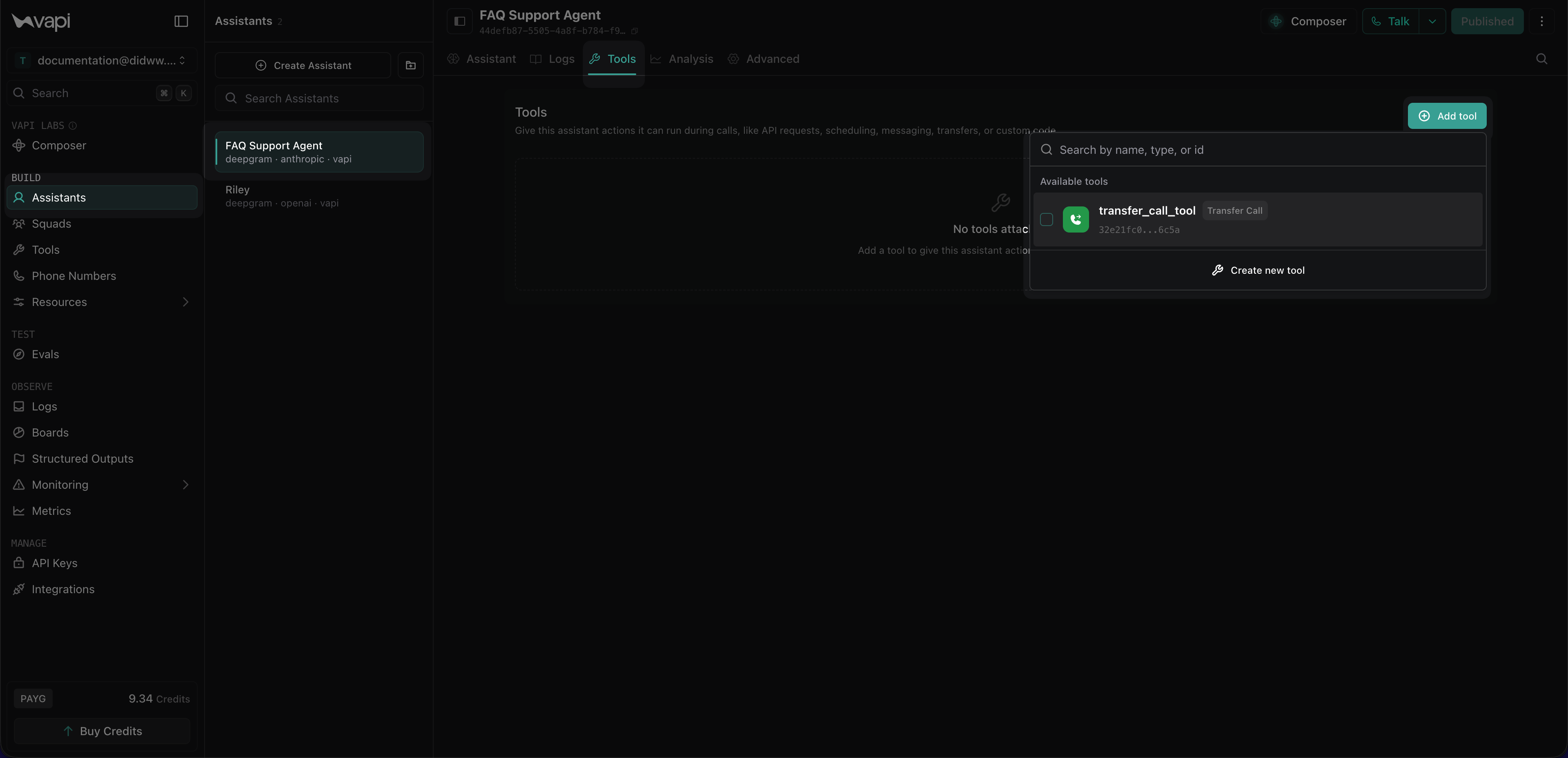 Vapi assistant Tools section with the DIDWW transfer tool added