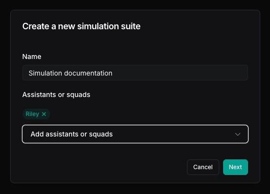 Create a new simulation suite dialog with a suite name and Riley selected under Assistants or squads
