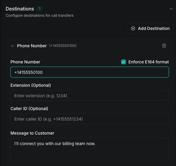 Vapi Dashboard phone-number destination with an E.164 number and customer message