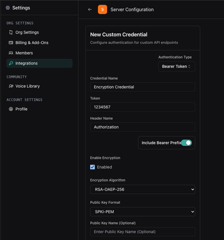 Custom credential encryption settings