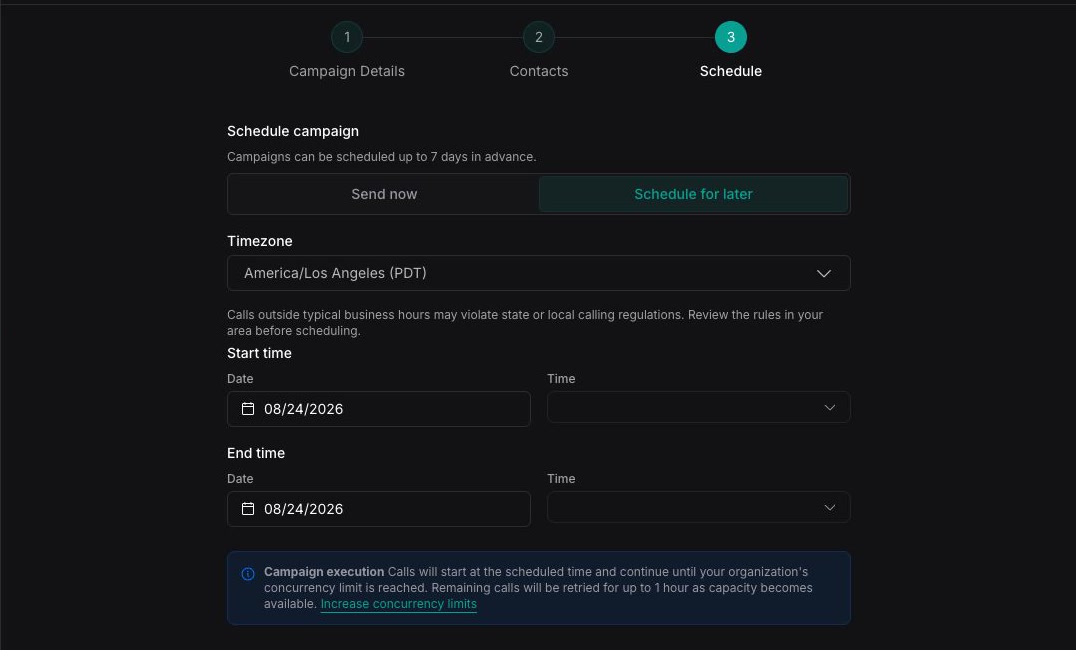 Schedule step showing time zone and start and end fields for a scheduled campaign