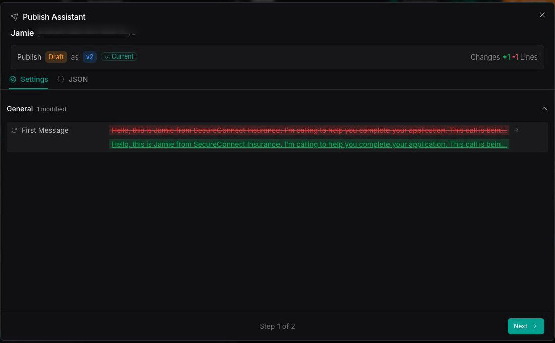 Publish Assistant dialog comparing Jamie's draft first message with the current published version