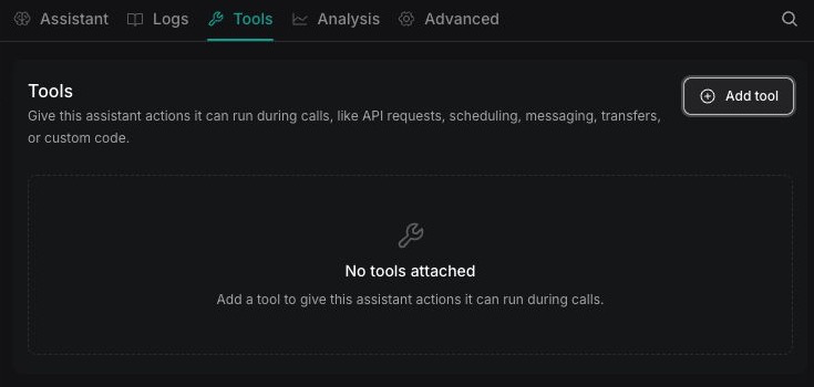 Vapi Dashboard assistant Tools tab with the Add tool button
