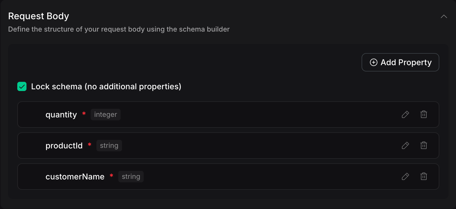 Vapi Dashboard Request Body with customerName, productId, and quantity as required properties