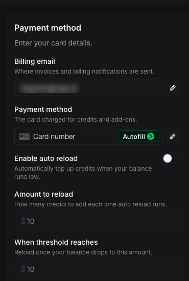 Full Payment method block with the billing email blurred, card field, and auto reload controls