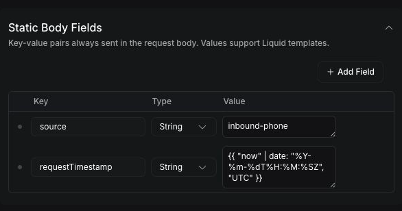 Vapi Dashboard Static Body Fields with source and requestTimestamp