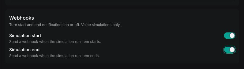 Webhooks section with Simulation start and Simulation end enabled