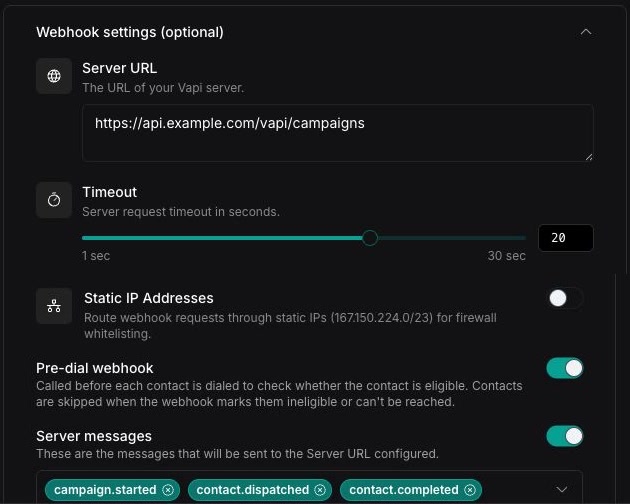 Campaign webhook settings showing the Server URL, timeout, pre-dial webhook, and server messages controls