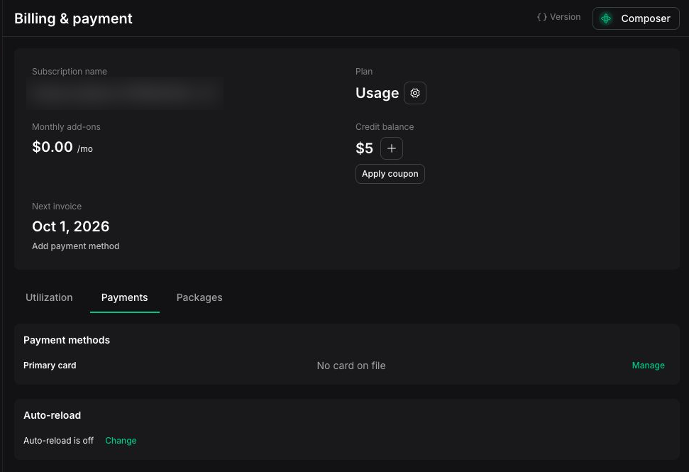 Billing and payment page with the Payments tab selected, payment method status, and auto-reload status