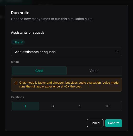 Run suite dialog with Riley selected, Chat mode selected, and Iterations set to 1