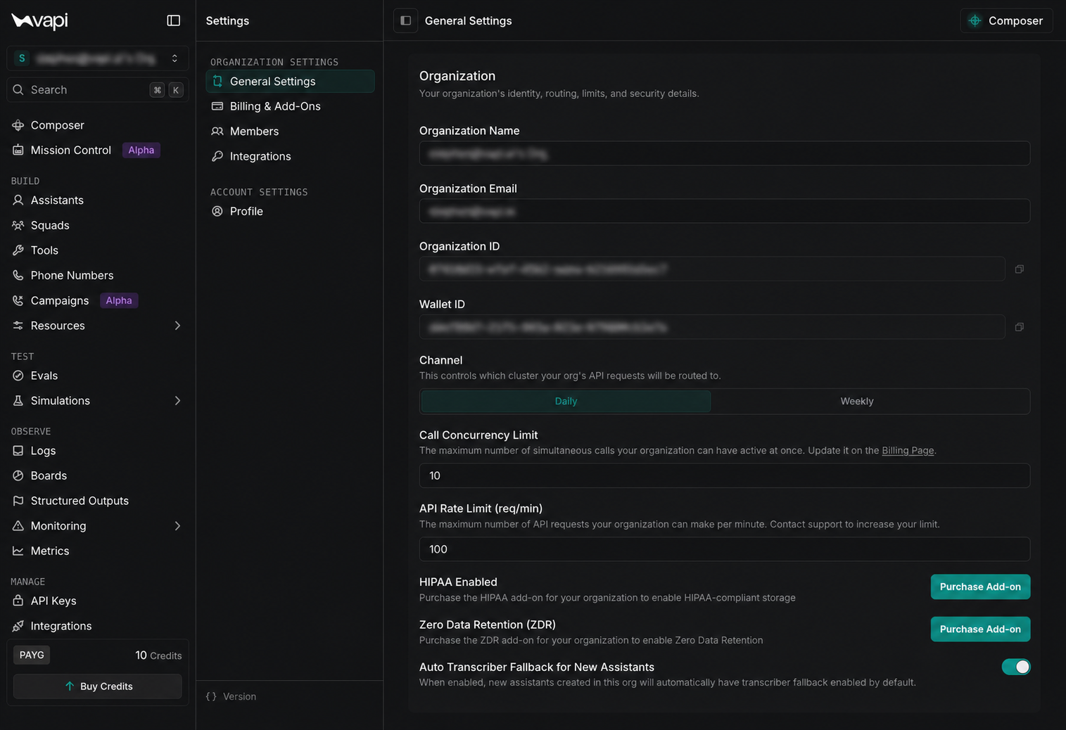 Complete Dashboard General Settings page with the main and Settings sidebars expanded and organization values blurred