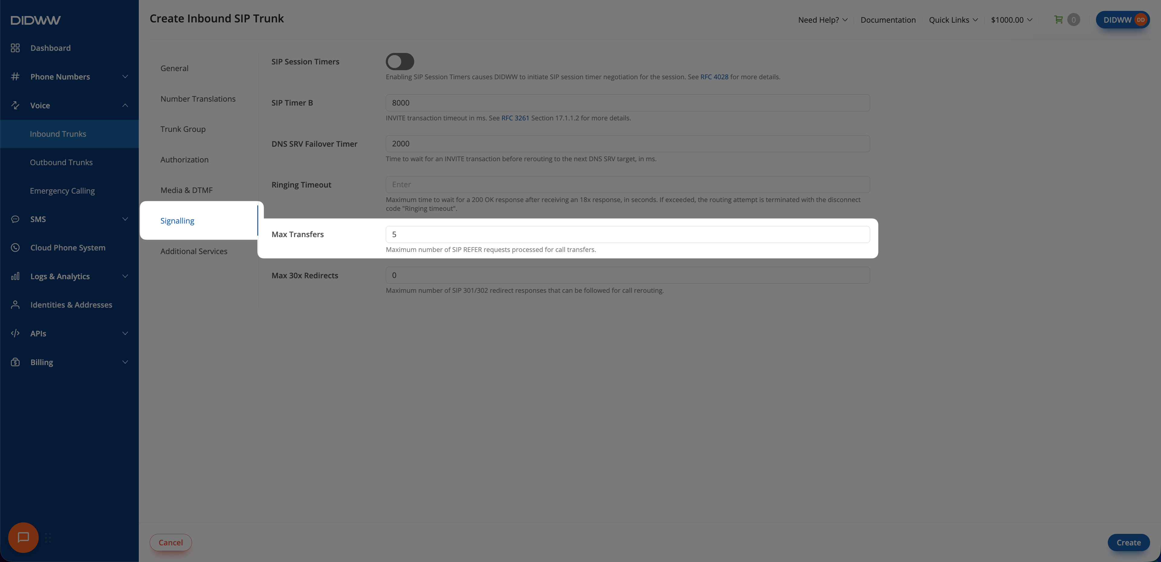 DIDWW inbound trunk Signalling tab with Max transfers set to 1