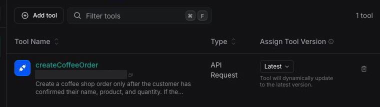 Vapi Dashboard assistant Tools section with createCoffeeOrder attached