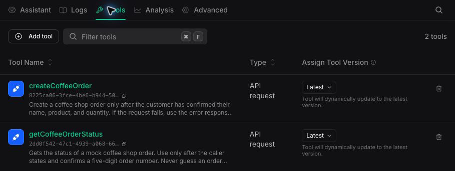 Vapi Dashboard assistant Tools section with createCoffeeOrder and getCoffeeOrderStatus attached