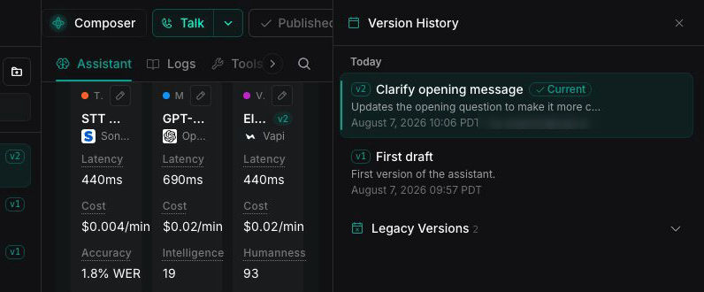 Jamie assistant Version History panel showing Clarify opening message as the current v2 and First draft as v1